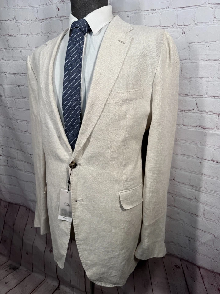MANGO MNG Mens Khaki Tan LINEN SLIM FIT Suit Sport Coat Blazer Jacket 44L - Image 2 of 4