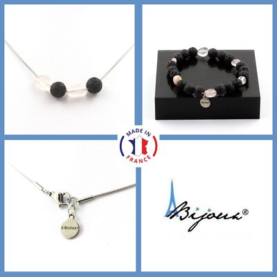 Schmuckset Armband Halskette 4 Perlen Lava 8 mm + Rosenquarz in Perso Size