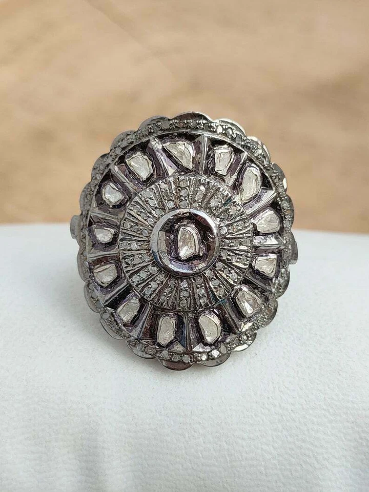 Anillo de plata esterlina 925 maciza corte rosa polki pavé diamante joyería regalo Foto 2 de 4