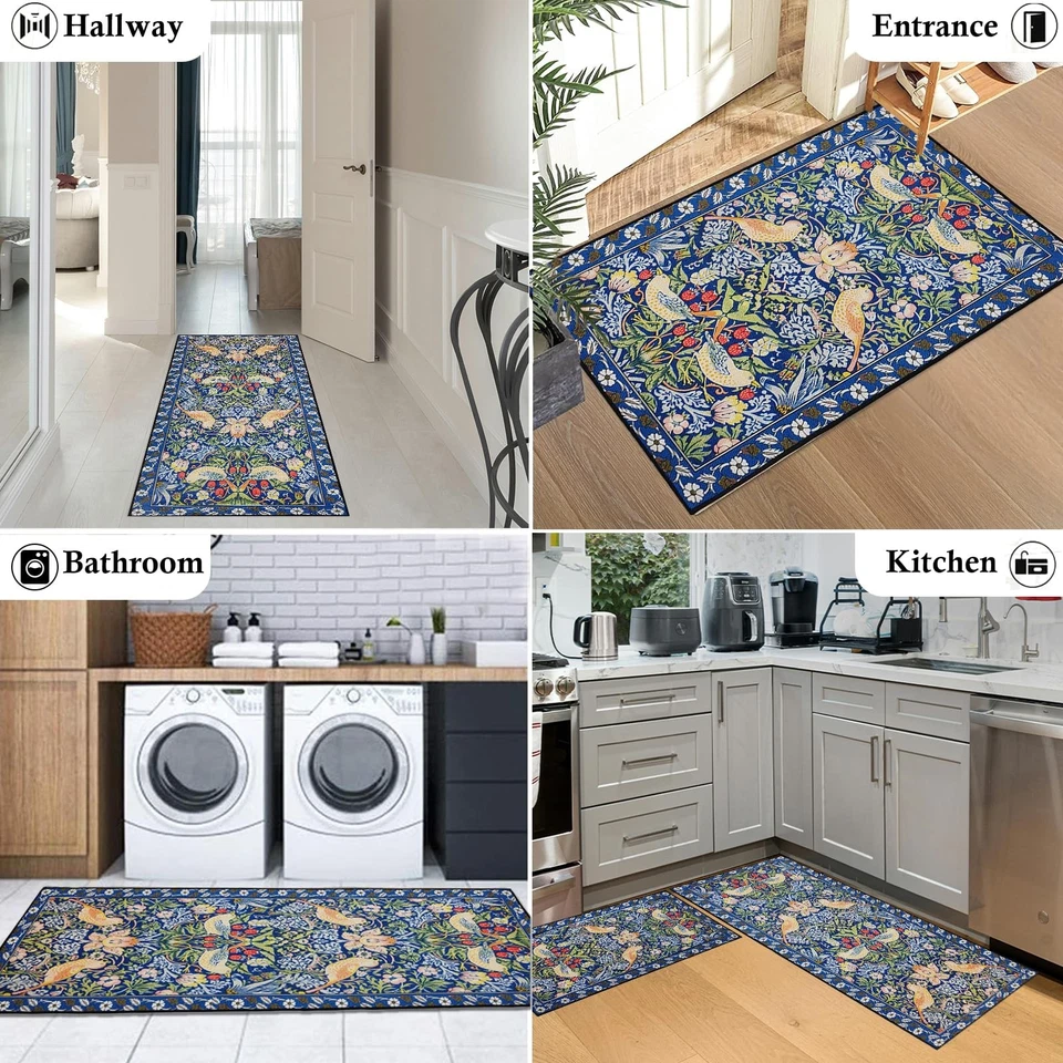 Juego de 2 alfombrillas de cocina florales vintage, alfombra de cocina antideslizante para piso con goma... Foto 3 de 4