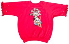 Vintage Native American Sweatshirt Red Short Sleeve Fringe Studed 3D USA Adult L