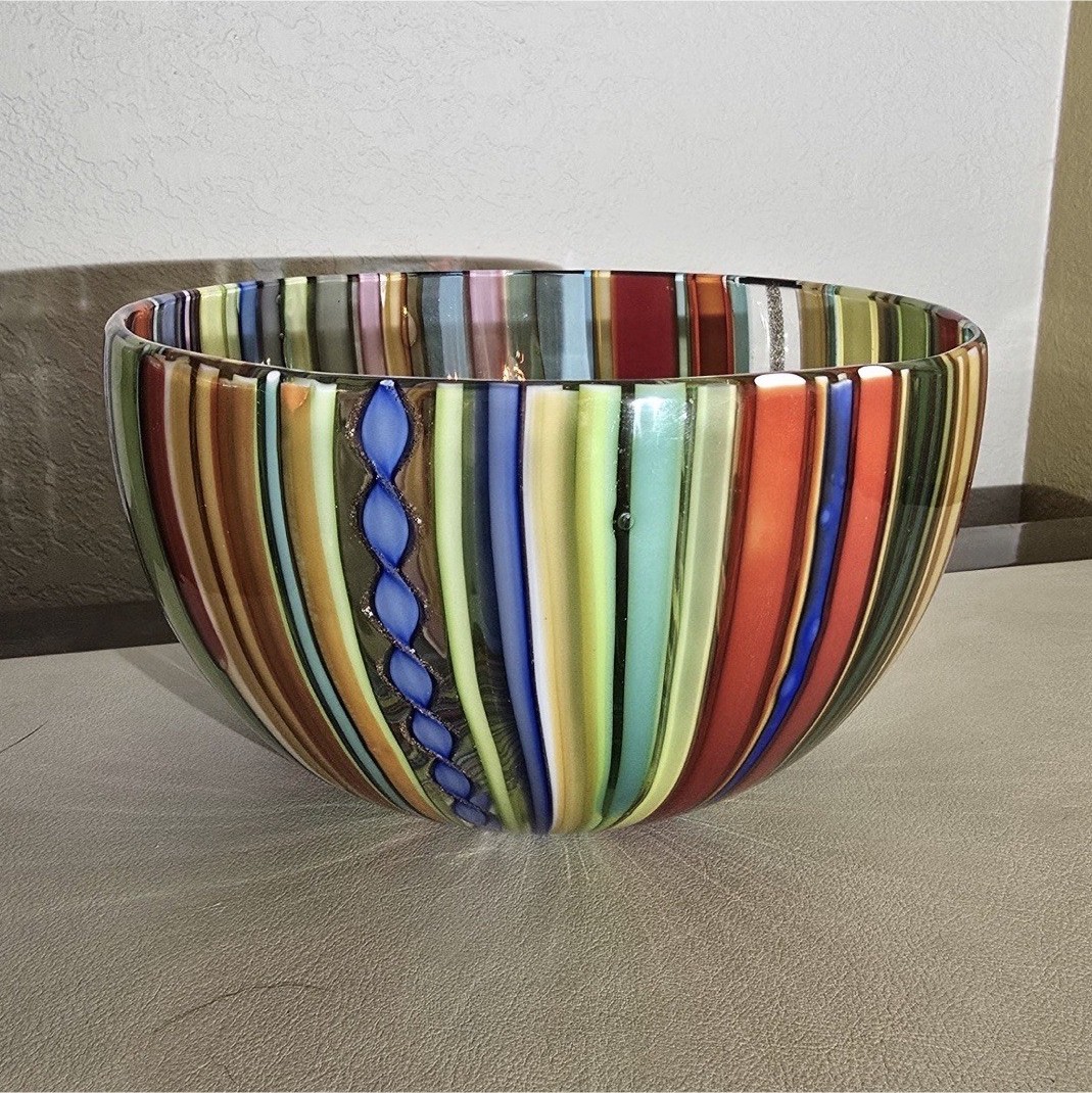 Giovanni Cenedese Murano Glass bowl art glass hand blown multicolor striped bowl