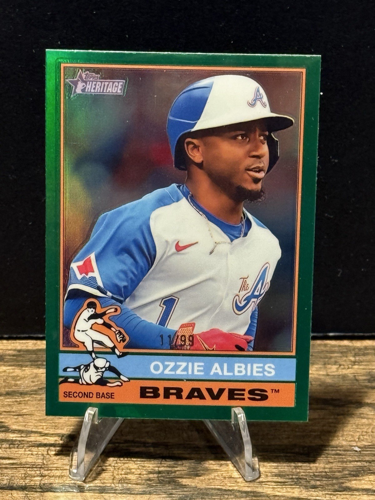 Ozzie Albies 2025 Topps Heritage Chrome Green Refractor /99 #365 Braves