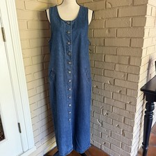 Vintage Denim Dress Jumper Womens M Blue Button Front Maxi Western Minimalist