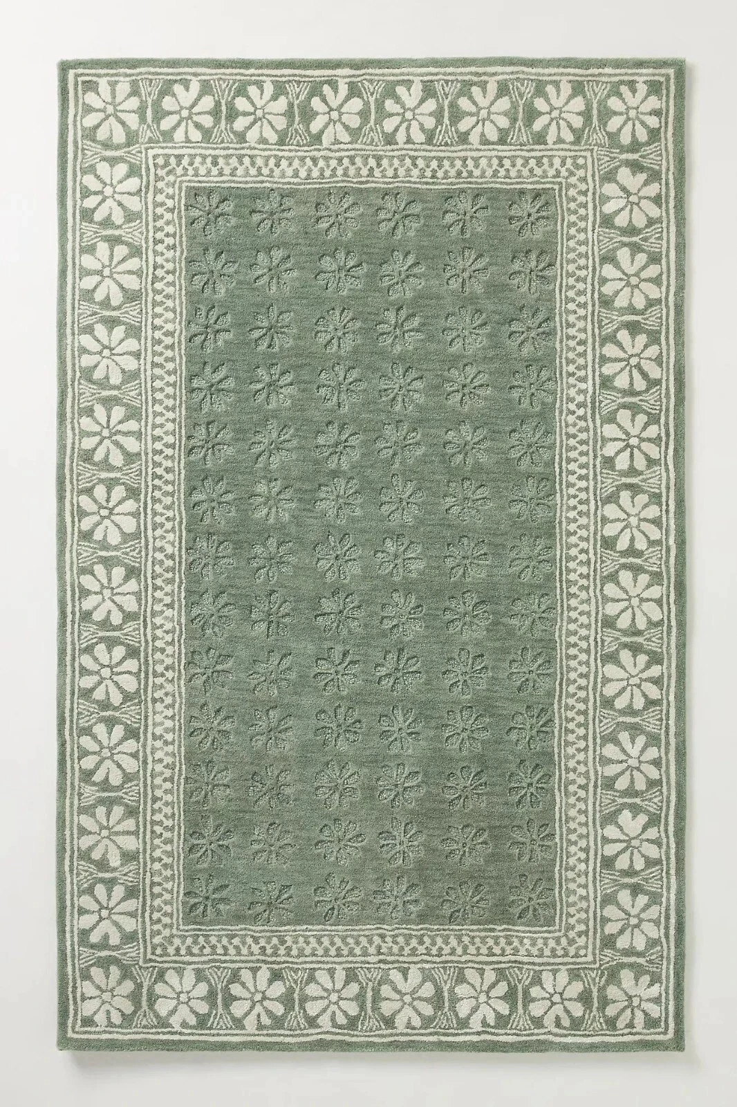 Hand-Tufted Wool Rug Green Floral Design Vintage Border Area Carpet Modern Style