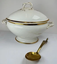 Antique Haviland Limoges France Covered Soup Tureen Gold Gilt Rope Brass Spoon
