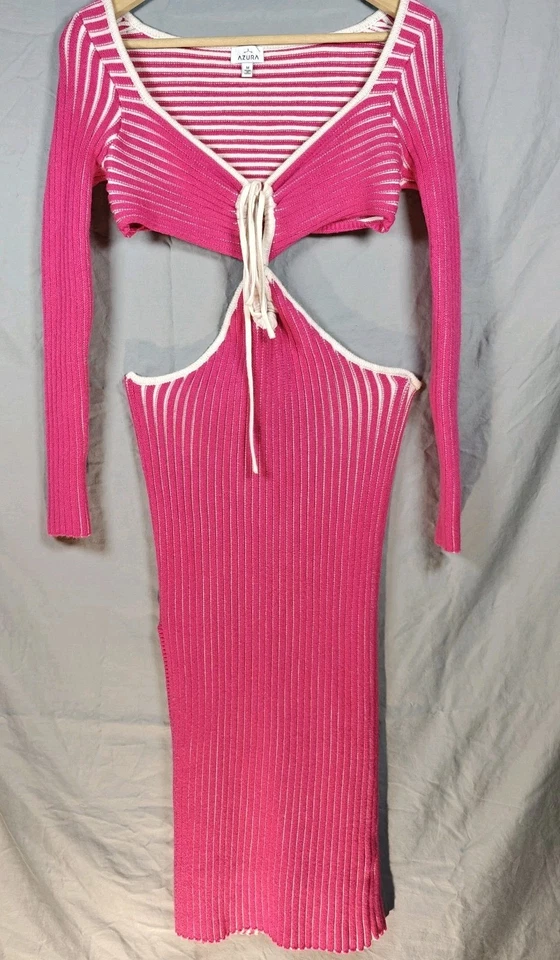 Vestido midi tejido a rayas rosa y blanco Azura corte abdominal ceñido al cuerpo abertura mediana Foto 3 de 4