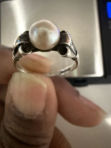 Vintage Solitaire Pearl Silver Ring Size 6.25 Sterling 925