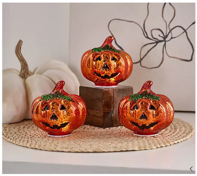 Set of 3 Illuminated Mercury Glass Jack-O-Lanterns by Valerie