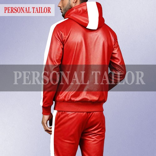 Men's Real Lambskin Red Leather Track Suit Sweatsuit Jogging Tracksuit Red/White - Picture 2 of 3