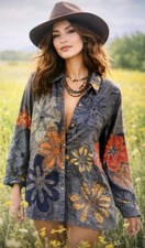 Chico's 100 Silk medium Embellished Embroidered Black Blouse jacket shirt boho