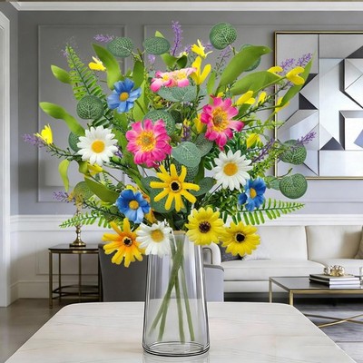 4 Bundles Artificial Daisy Flowers Bouquet Fake Wildflowers Silk Spring Floral 
