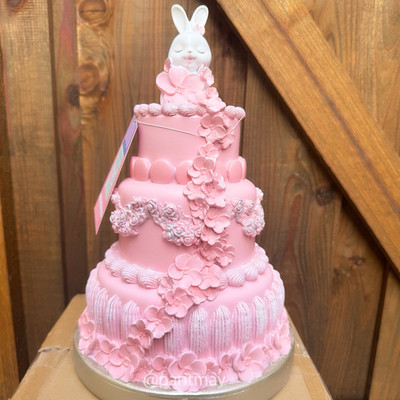 13  Tall Sweet Treats Easter Bunny Faux Pink Cake with Macaroons & Flowers Decor