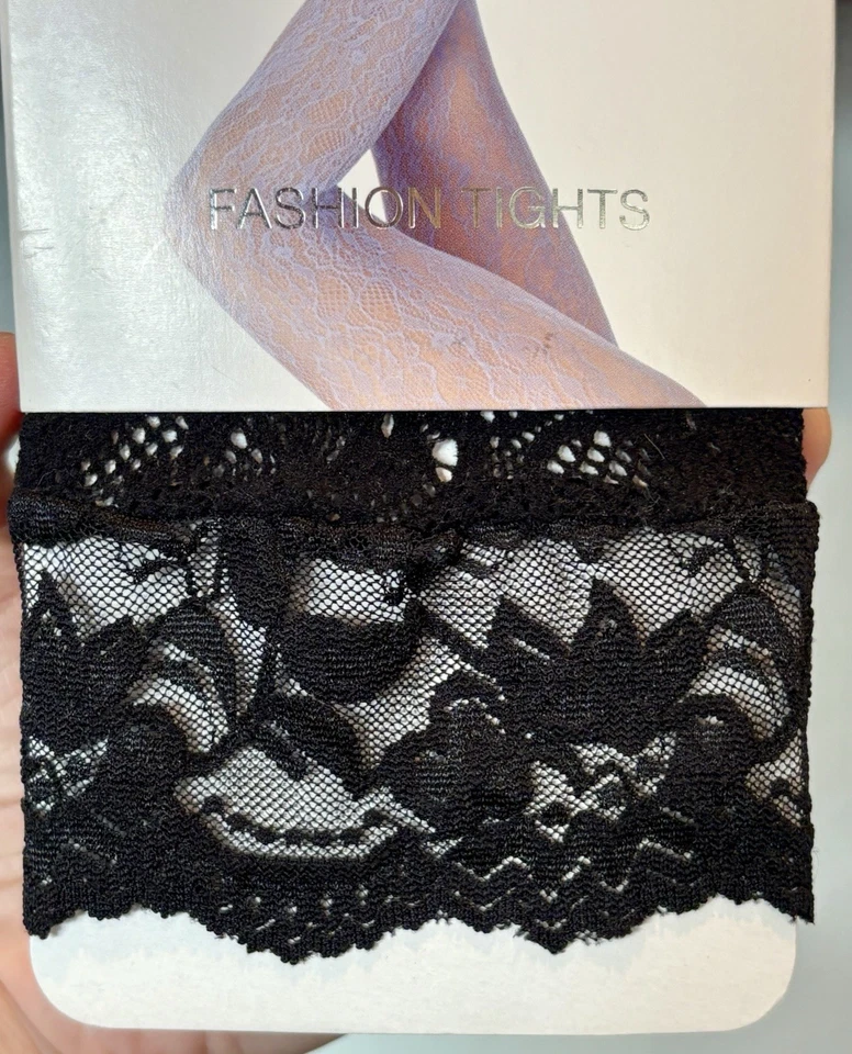 Medias Jessica Simpson Fishnet, ribete de encaje, sin pies, negras para mujer S/M, nuevas en paquete Foto 2 de 3