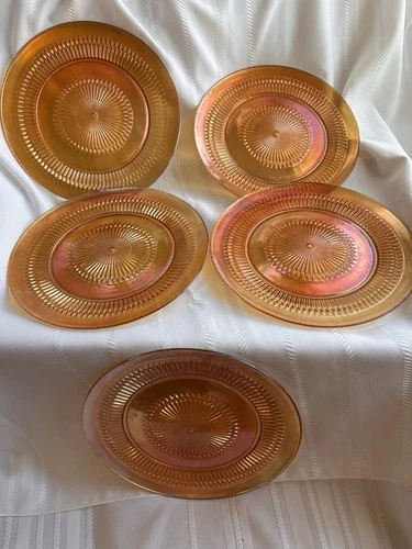 Jeanette Marigold Anniversary Carnival Glass 10” Dinner Plates Diamond Cut Set 5