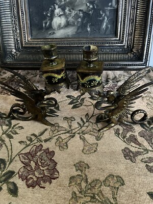 Pair Antique french Longwy Enameled brass candlesticks Griffon Dragon Rare
