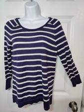 Loft Navy Blue White Striped 3/4-Sleeve Merino Wool Blend Lightweight Sweater M
