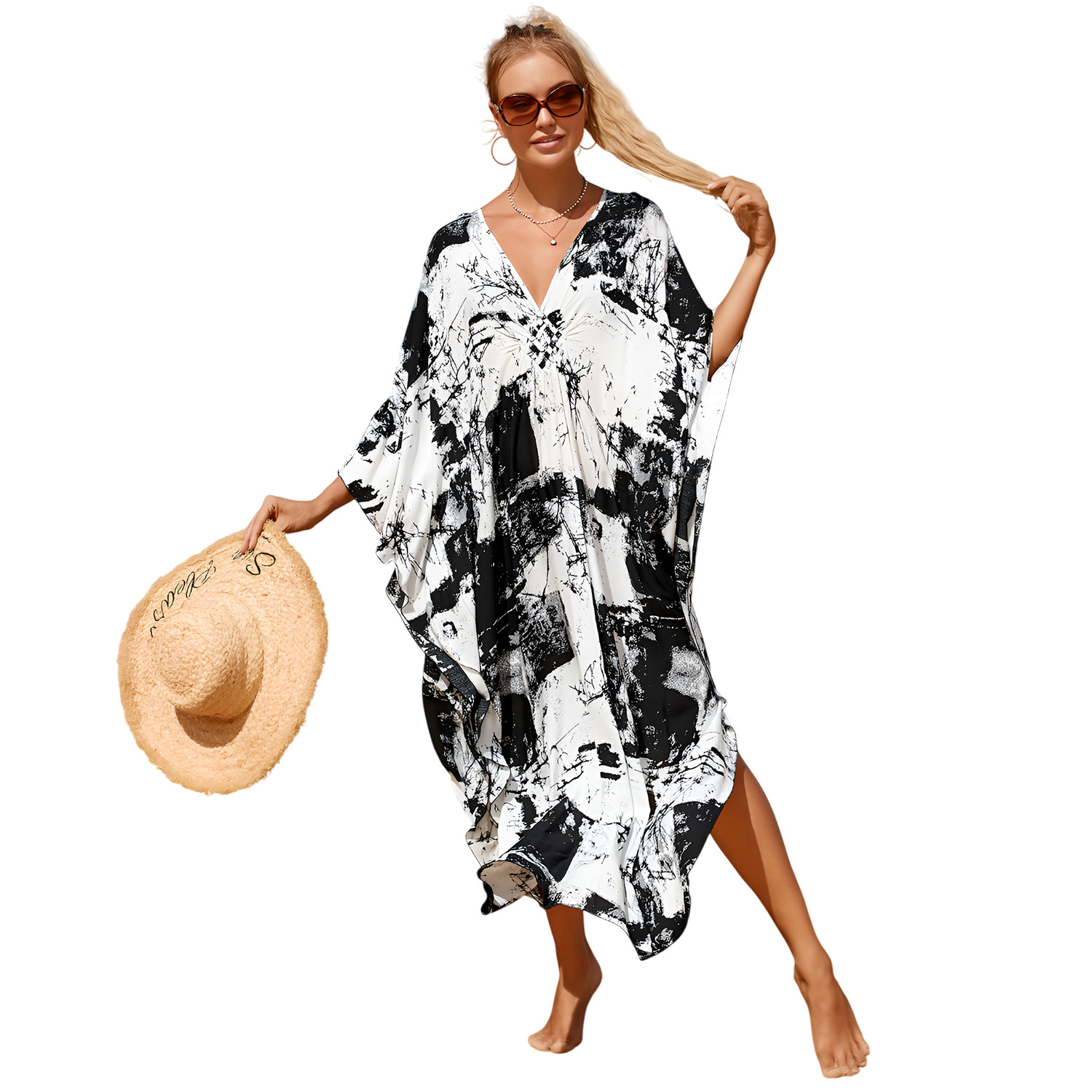 Maxi cubre playa Miss Lavish London blanco abstracto caftán talla grande
