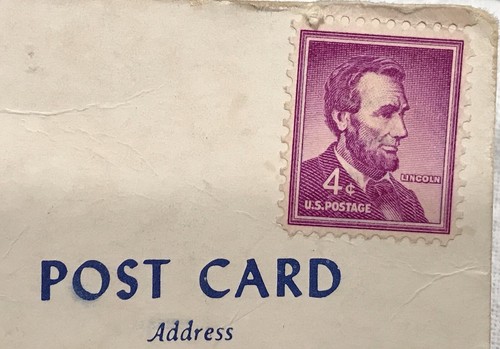 Abraham Lincoln 4 Cent Purple Stamp (Un-canceled) on 1964 McCloud, CA Postcard