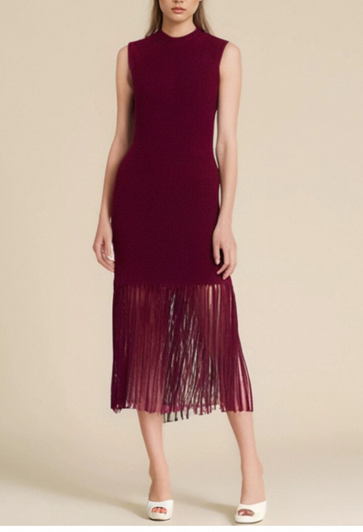 Women Sandro Fringe Knitted Sleeveless Round Necked Midi Dress