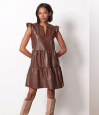 NEW~Women's EVEREVE Ella Brown Faux Leather Tiered Shift Dress M