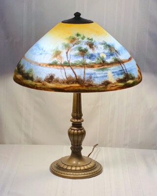 JEFFERSON REVERSE PAINTED LAKESIDE SCENIC, HANDEL PAIRPOINT ERA