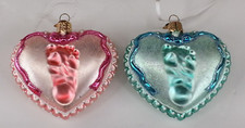 2 Heart Glass Ornament Baby Feet Boy Girl Gender Reveal Owc Old World Christmas