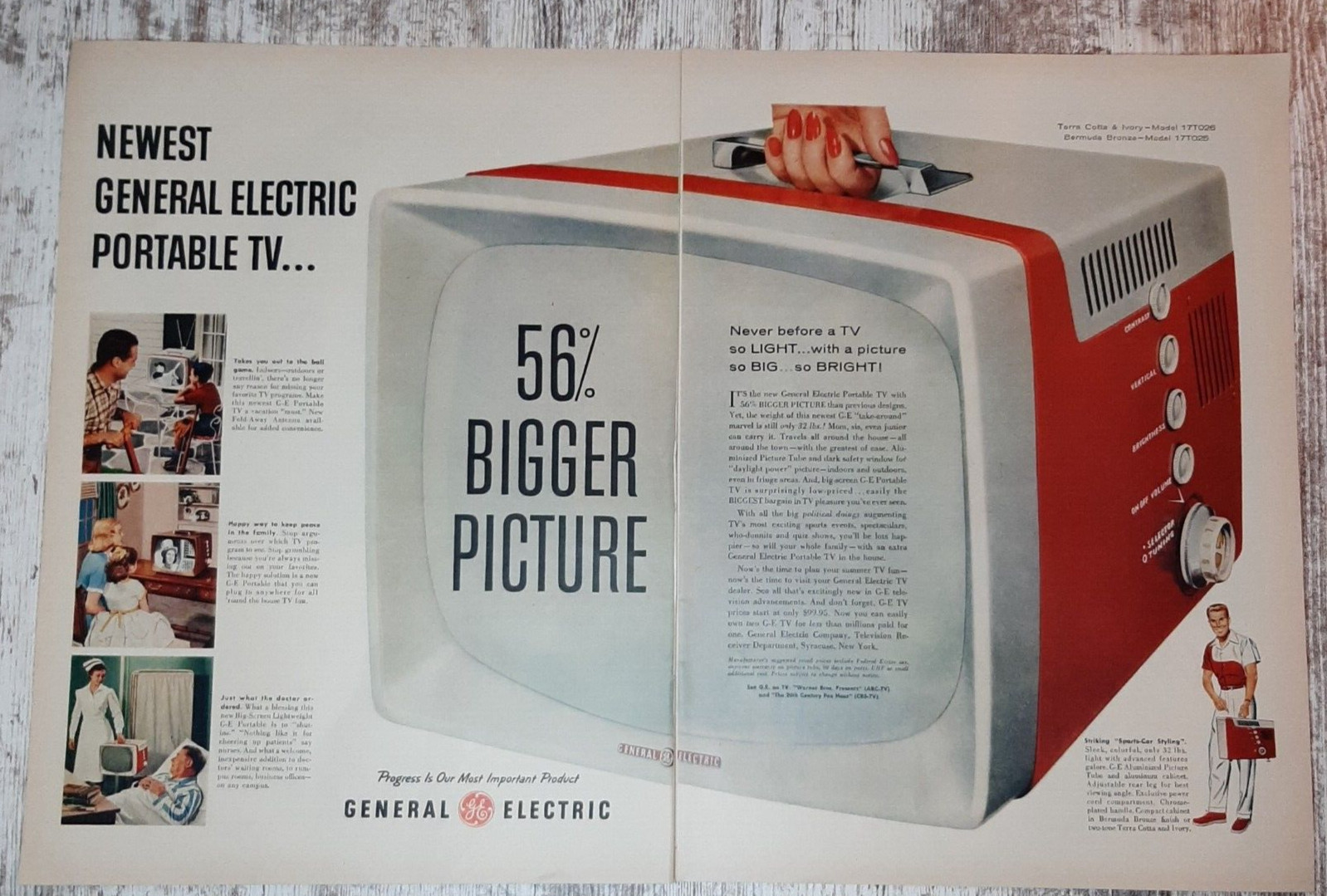 1956 General Electric Vintage Print Ad Television GE TV Portable Sports Family