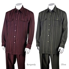 Men's 2pc Walking Suit Long Sleeve Casual Shirt w/ Pants Set 2761 Olive