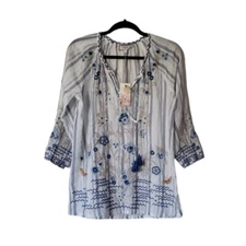 JOHNNY WAS Embroidered Shiloh White Cotton Peasant Blouse Tassle Tie Size Small