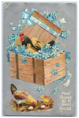1909 Easter Chicken Hen Baby Chicks In Basket Flowers Brunswick Iowa IA Postcard