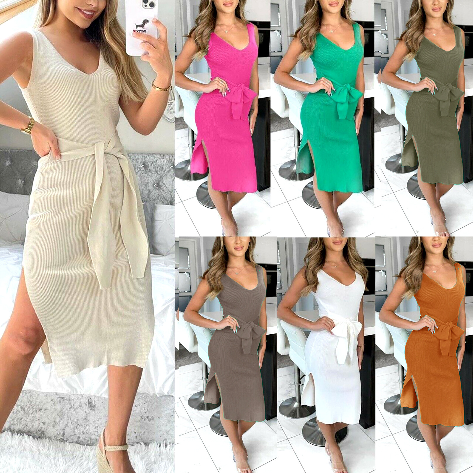 TIE WAIST MIDI DRESS LADIES RIBBED 