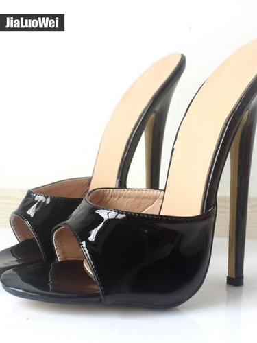 Sandali da donna tacco a stiletto 18 cm pelle opaca fetish slip on tacco alto punta aperta - Foto 24 di 32