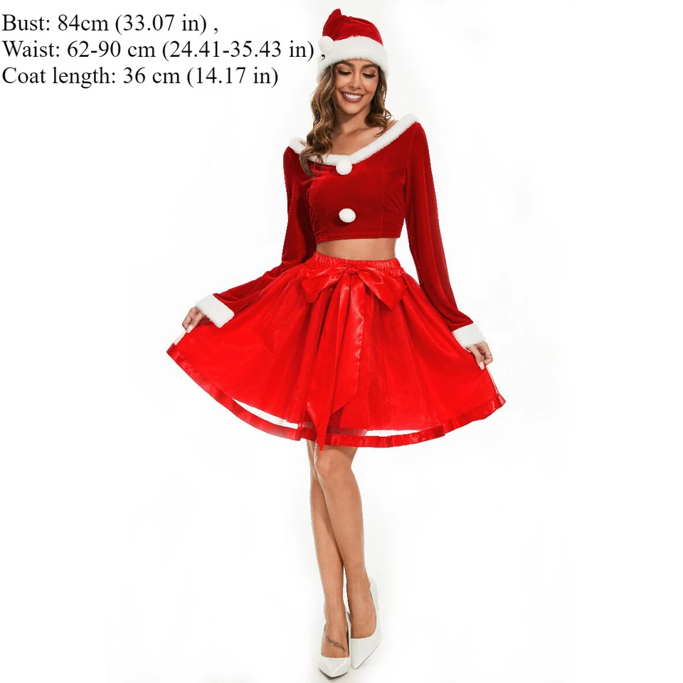 Mujeres Disfraz de Papá Noel Mangas Largas Trajes Vestido de Navidad Traje de Cumpleaños Conjunto Completo Foto 2 de 4