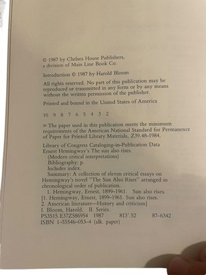 Ernest Hemingway's The Sun Also Rises Harold Bloom 1987 Critical Essays