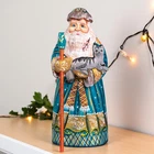 Hand-Carved Wooden Russian Santa with Cat & Staff – Teal Coat Mantel Decor