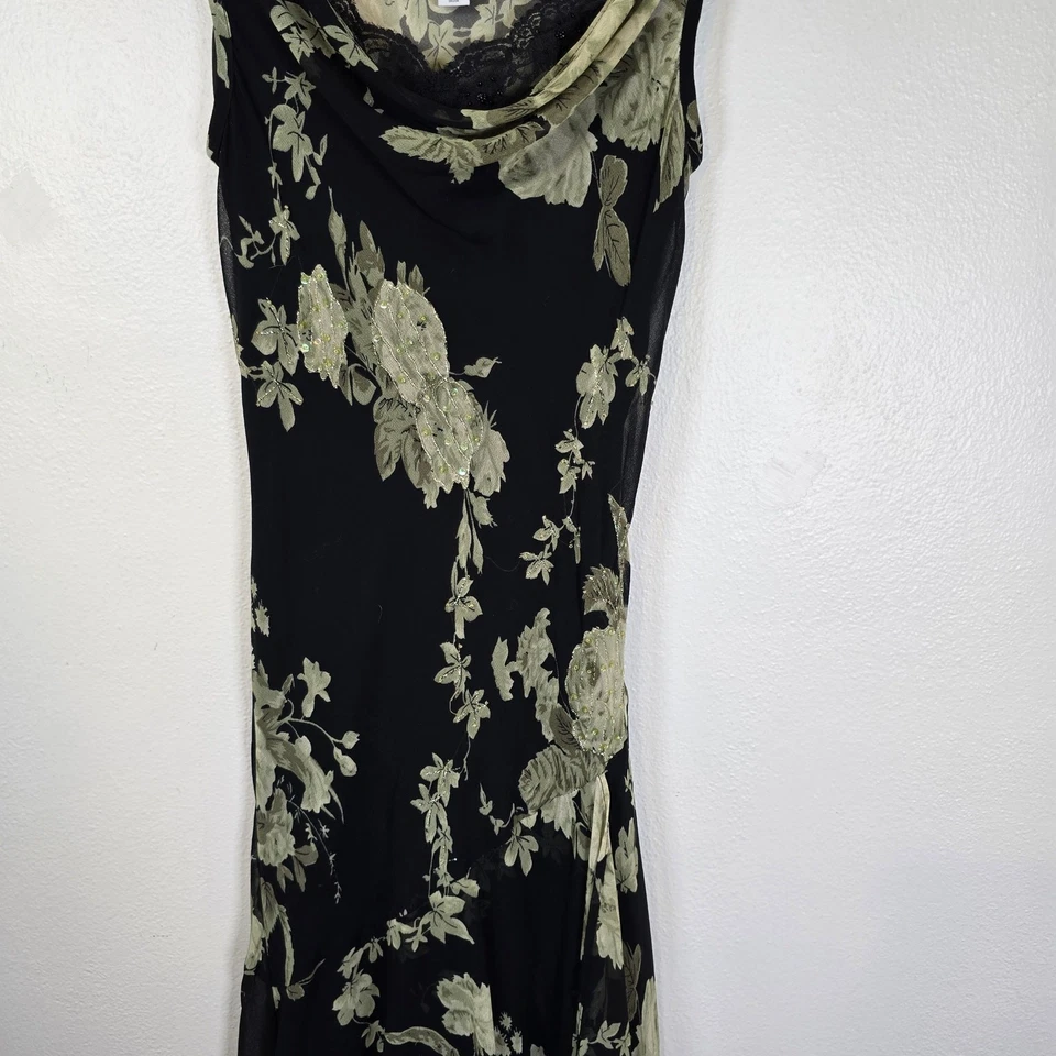 Vestido Y2K Dressbarn S Negro Verde Floral Lentejuelas Bosque Hada Cachicho LEER Foto 3 de 4