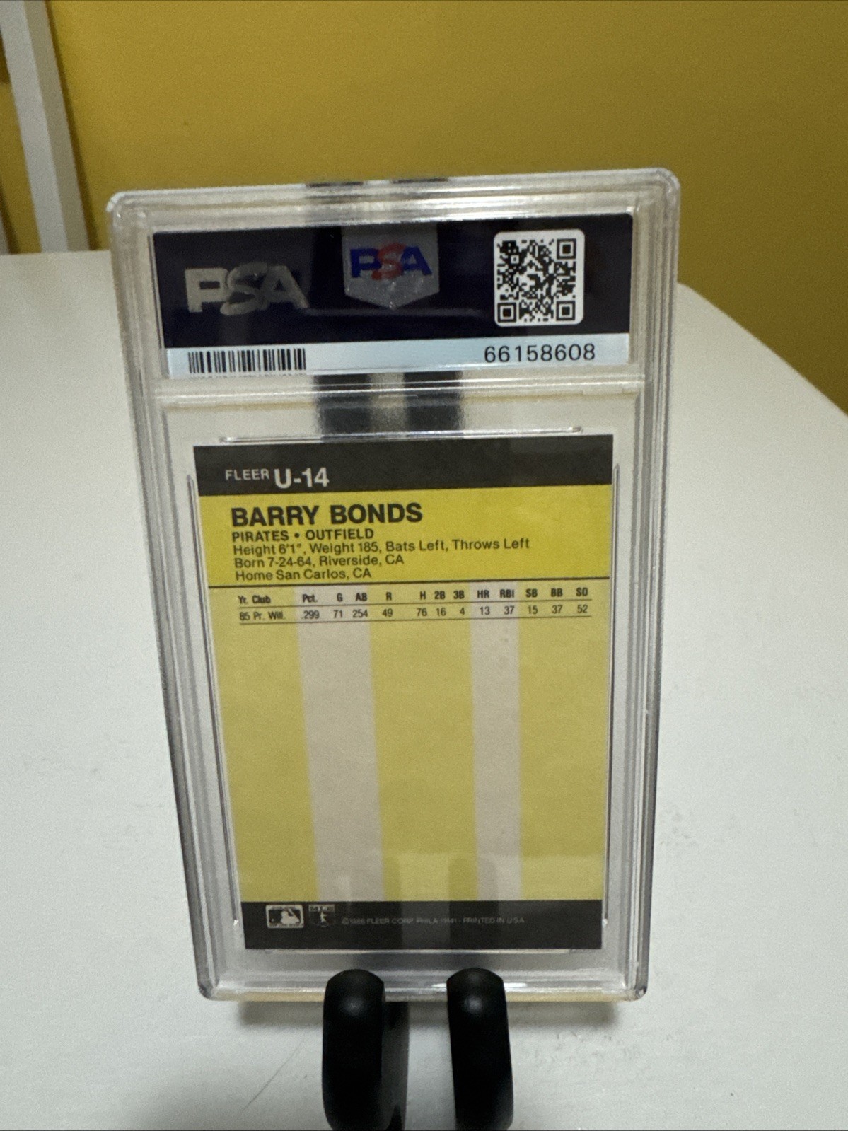 1986 Fleer Update Barry Bonds Rookie RC #U-14 PSA 8 NM-MT Giants HOF Pittsburgh view 2