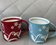 Starbucks 3" Embossed Holiday Blue/Red  White Penguin/Trees 8oz 2007 Set of 2 