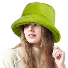 Fluffy Faux Fur Bucket Hat Winter Warm Hat for Women Men