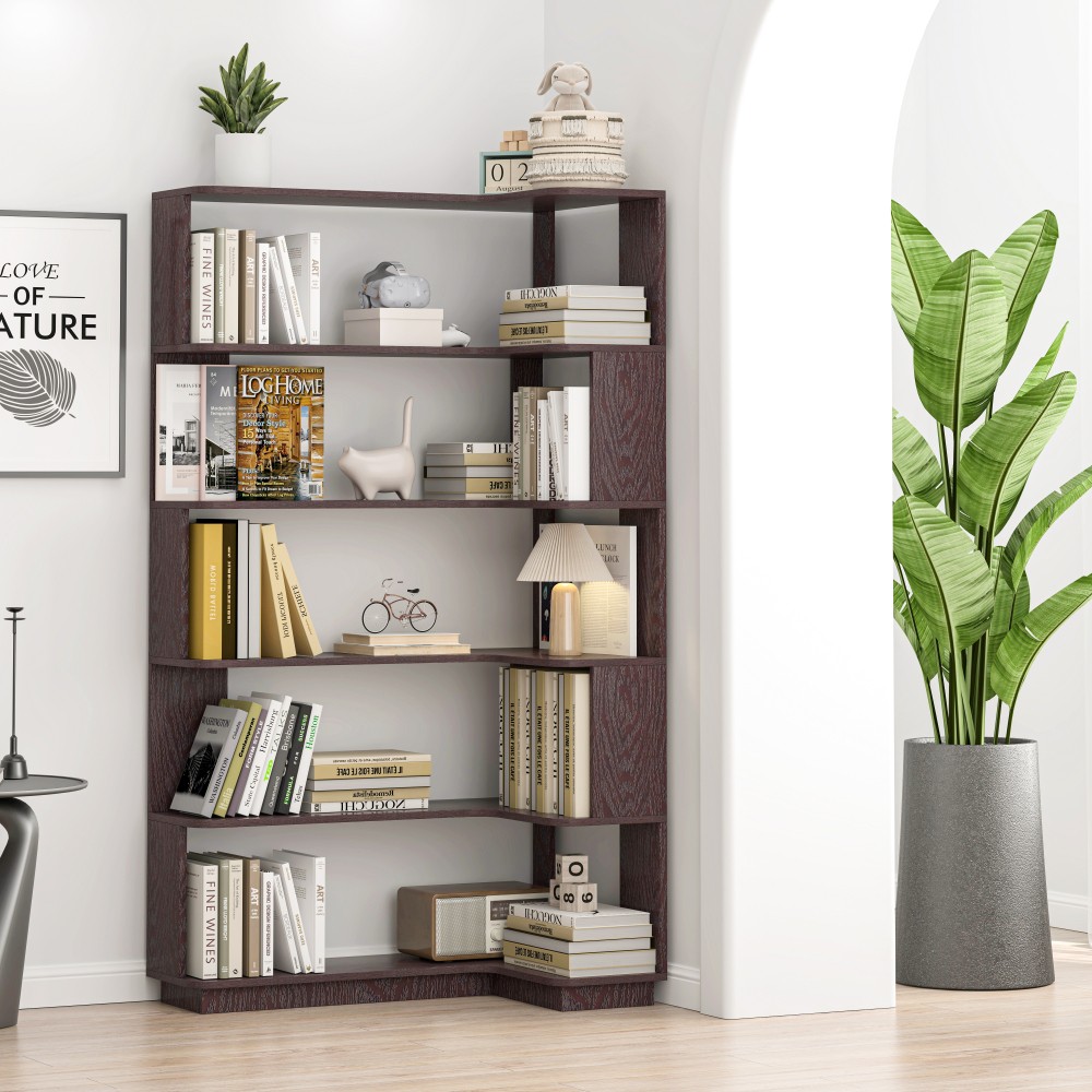 5 Tier Corner Bookcase Bookshelf With Storage Full-back Pane