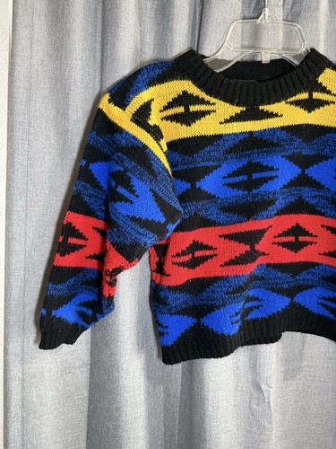Vintage Y2K Kids Melange Sweater Geometric Black Red Blue Yellow Size 7 Acrylic - Picture 2 of 7