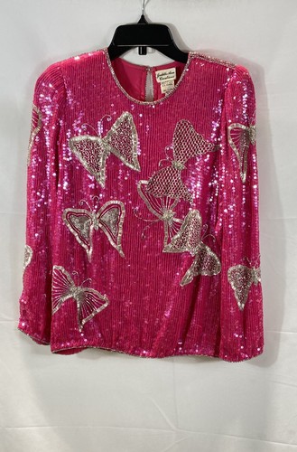 Vintage 80s Judith Ann Creations Pink Silk Beaded Sequin Butterfly Blouse XS - Image 1