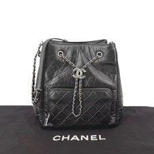 Auth Chanel Drawstring Bucket Backpack Black Crinkle Quilted Leather ShoulderBag