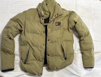 Superdry Men's Beige Puffer Jacket Mid-Length Zip/Snap Closure Size LRG