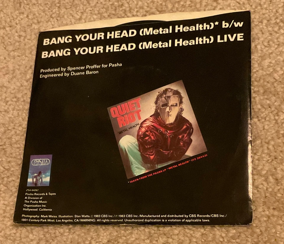 2 Quiet Riot Vinyl 7” 45 Bang Your Head & Cum On Feel the Noize 1980s Records LP - Image 3 of 4