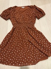 Madewell Brown Polka Dot Short Puff Sleeve Button V-Neck Smocked A-Line Dress S