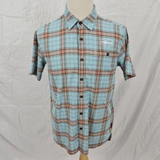 Patagonia Dogfish Head Beer Plaid A/C Shirt Crinkle Textured Blue Brown Medium