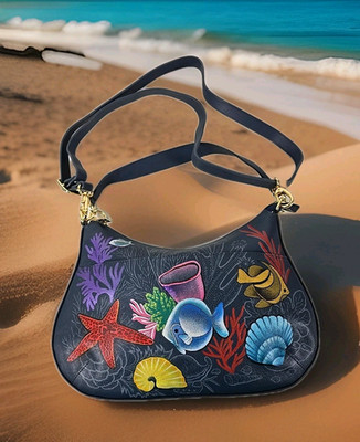 NWOT - Anuschka Hand Painted Hobo Convertible Crossbody Ocean Fish Beach Handbag