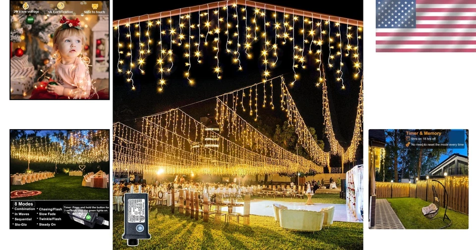 Outdoor Waterproof Icicle Lights - 132ft 1280 LED Warm White - Image 2 of 4
